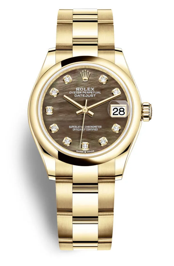 Rolex Datejust 31 Black Mother of Pearl Diamond Ladies 18kt Yellow Gold Oyster Watch 278248BKMDO