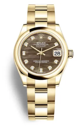 Rolex Datejust 31 Black Mother of Pearl Diamond Ladies 18kt Yellow Gold Oyster Watch 278248BKMDO