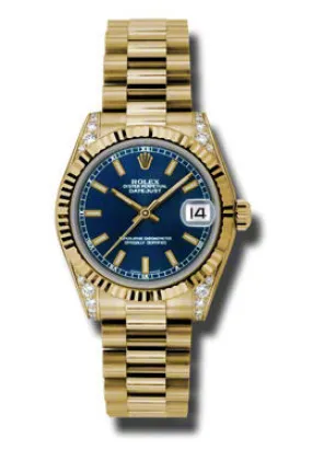 Rolex Datejust Lady 31 Blue Dial 18K Yellow Gold President Automatic Ladies Watch 178238BLSP