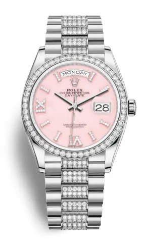 Rolex Day-Date 36 Pink Opal Dial 18kt White Gold Diamond- Set President Watch 128349PRSDDP