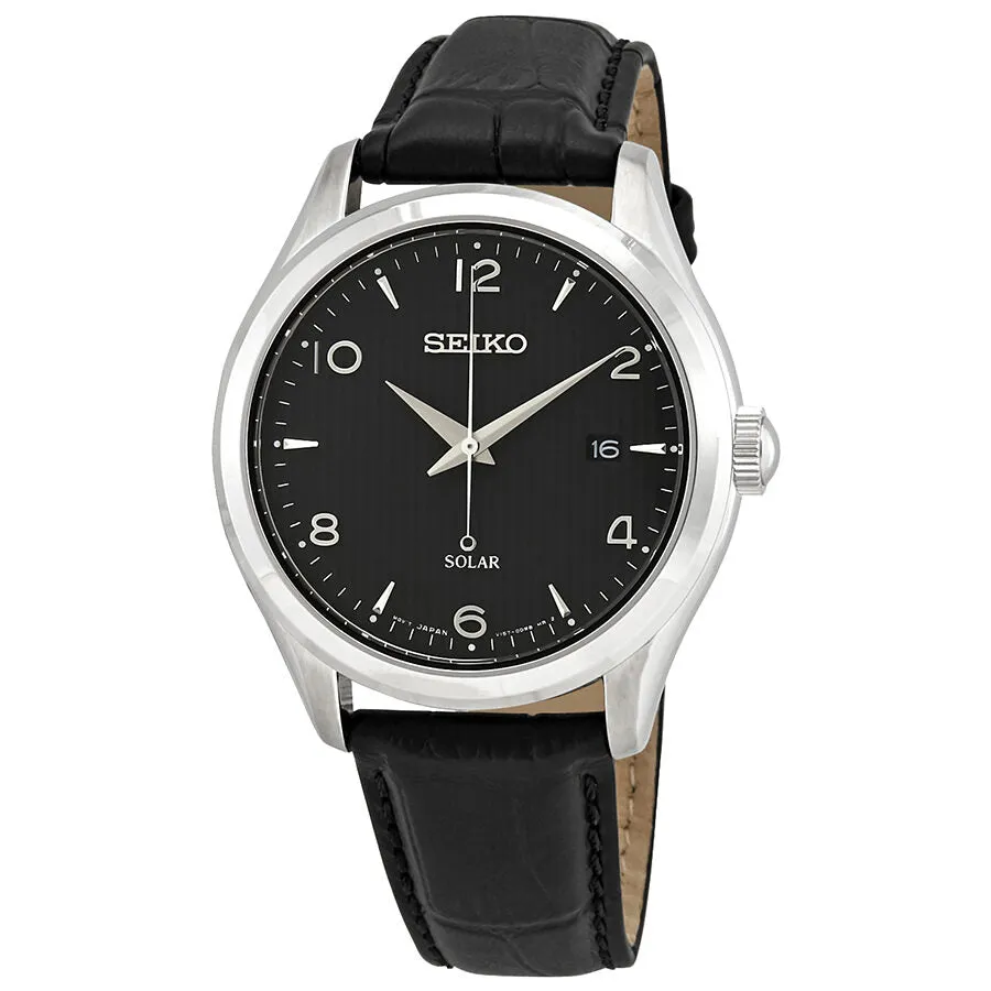 Seiko Solar Date Black Dial Black Leather Men's Watch SNE495