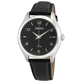 Seiko Solar Date Black Dial Black Leather Men's Watch SNE495