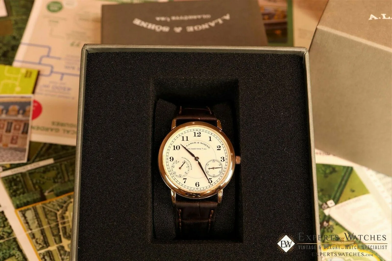 Sold!!! A Lange & Sohne 1815 Up & Down 221.021 36MM Power Reserve 18K Yellow Gold Extras