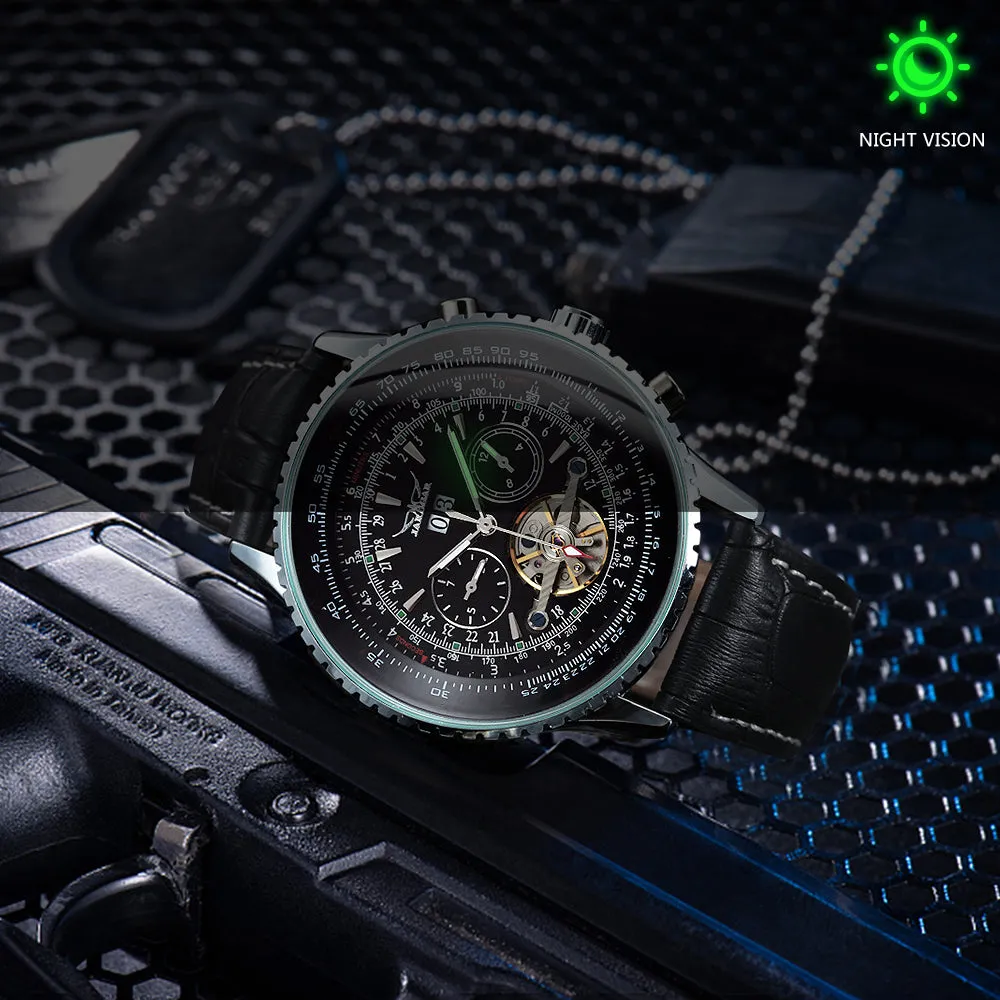 Sports Tourbillon Skeleton Automatic Mechanical Watches for Men A034 Luminous Hands Military Leather Strap Wind Up Watch