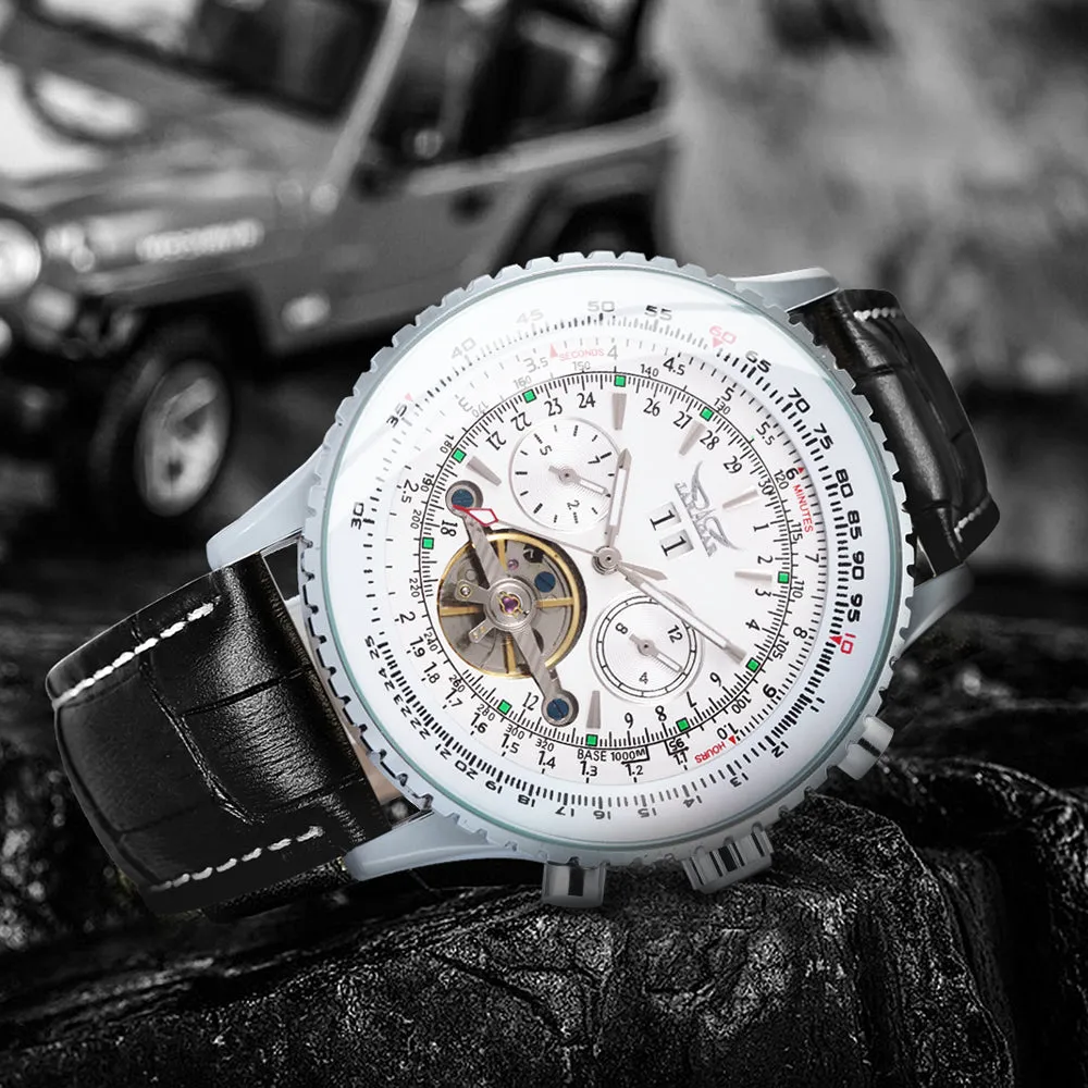 Sports Tourbillon Skeleton Automatic Mechanical Watches for Men A034 Luminous Hands Military Leather Strap Wind Up Watch