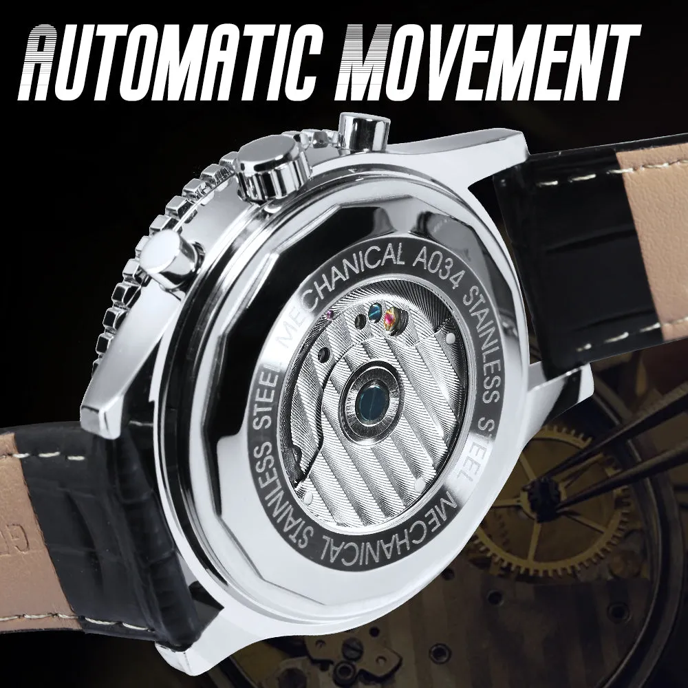 Sports Tourbillon Skeleton Automatic Mechanical Watches for Men A034 Luminous Hands Military Leather Strap Wind Up Watch