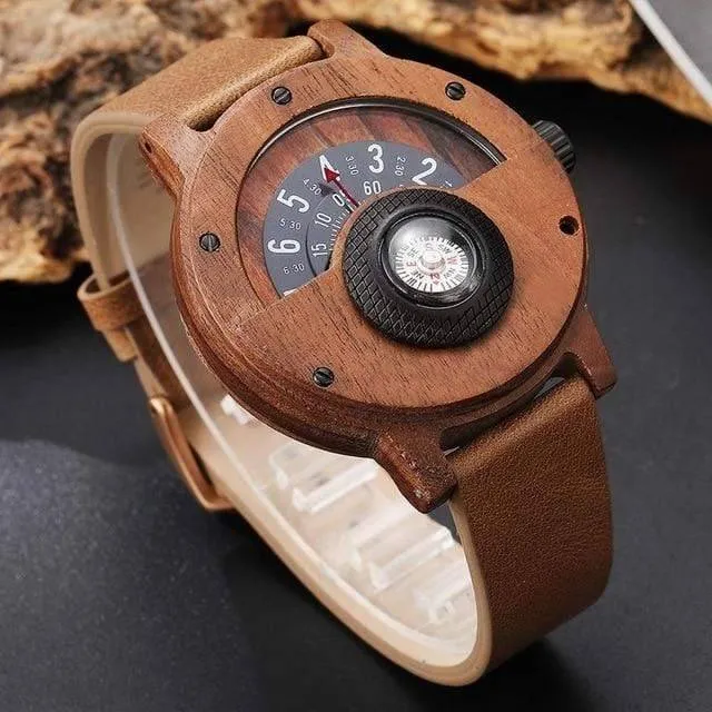 Turntable Compass Dial Wooden Watch