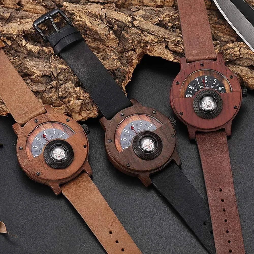 Turntable Compass Dial Wooden Watch