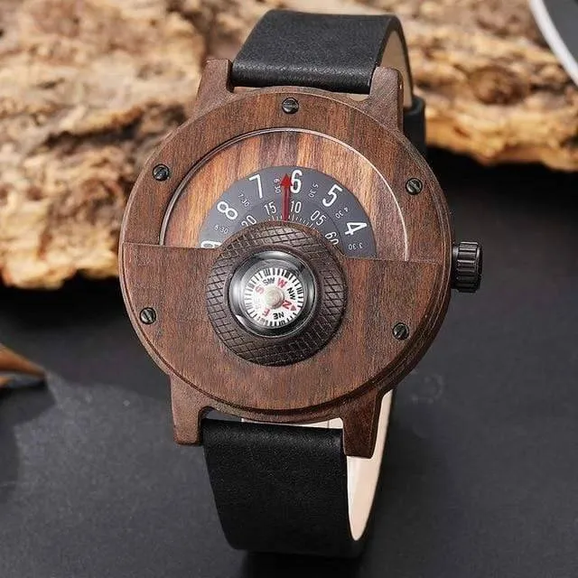 Turntable Compass Dial Wooden Watch